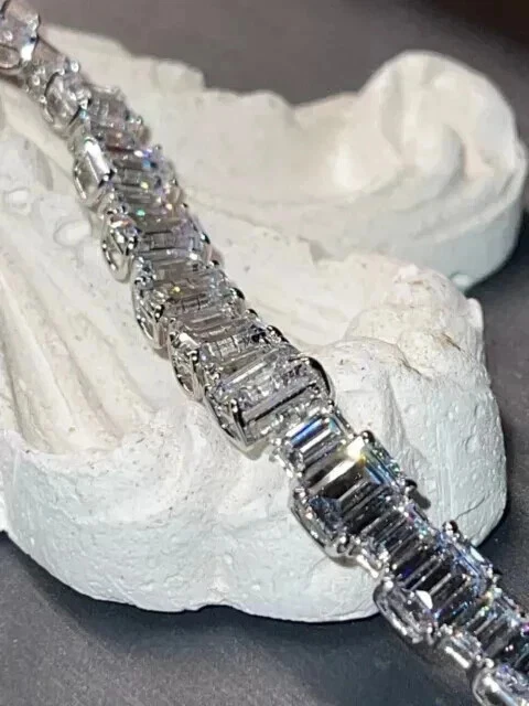 15CT Lab Created Diamond Emerald Cut Tennis Bracelet 8.5" 14K White Gold Plated - Image 2 of 4