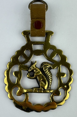 Brass Horse Medallion W/ Strap Antique Squirrel Eat Nuts Pierced Ornate Harness