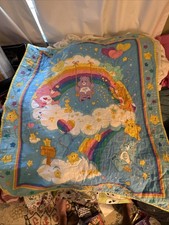Vtg Care Bears Baby Quilt Blanket Blue Rainbow Stars Reversible Nursery 2003