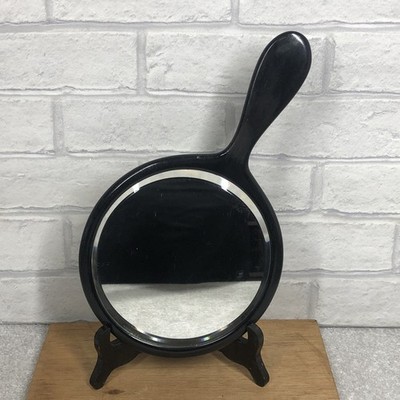 Vintage massiver Echt Ebenholz Holz Handspiegel Schminktisch Kosmetikspiegel