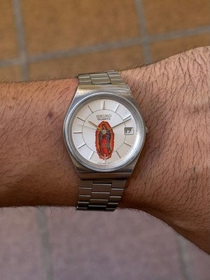 Seiko Vintage watch 8222-7080 Quartz, Virgin of Guadalupe custom dial