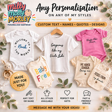 ANY DESIGN OF PERSONALISED babygrow unisex baby clothing T-shirt Tee baby shower