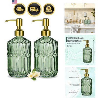 Glass Soap Dispenser Set 17 Oz Green Dish Hand Body Wash Kitchen Bathroom