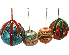 Lot Of 4 Vintage Satin And Glitter Ornaments Velvet Trim Beads Christmas Balls