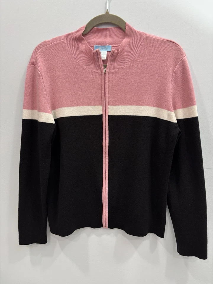 Suéter Jennifer Moore Cremallera Completa Frontal Bloques de Color Rosa Negro M Preppy Tejido Top Foto 3 de 4