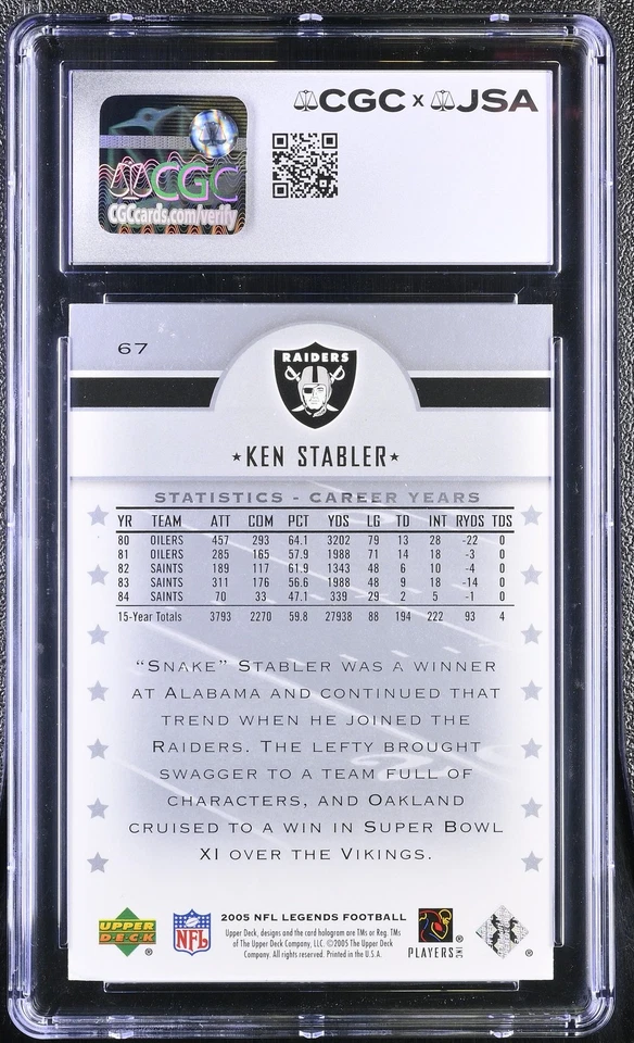 2005 Upper Deck Legends #67 Ken Stabler JSA AU CGC 6 - Image 2 of 2
