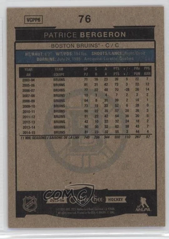 2015-16 O-Pee-Chee Red Border Patrice Bergeron #76 - Image 2 of 2