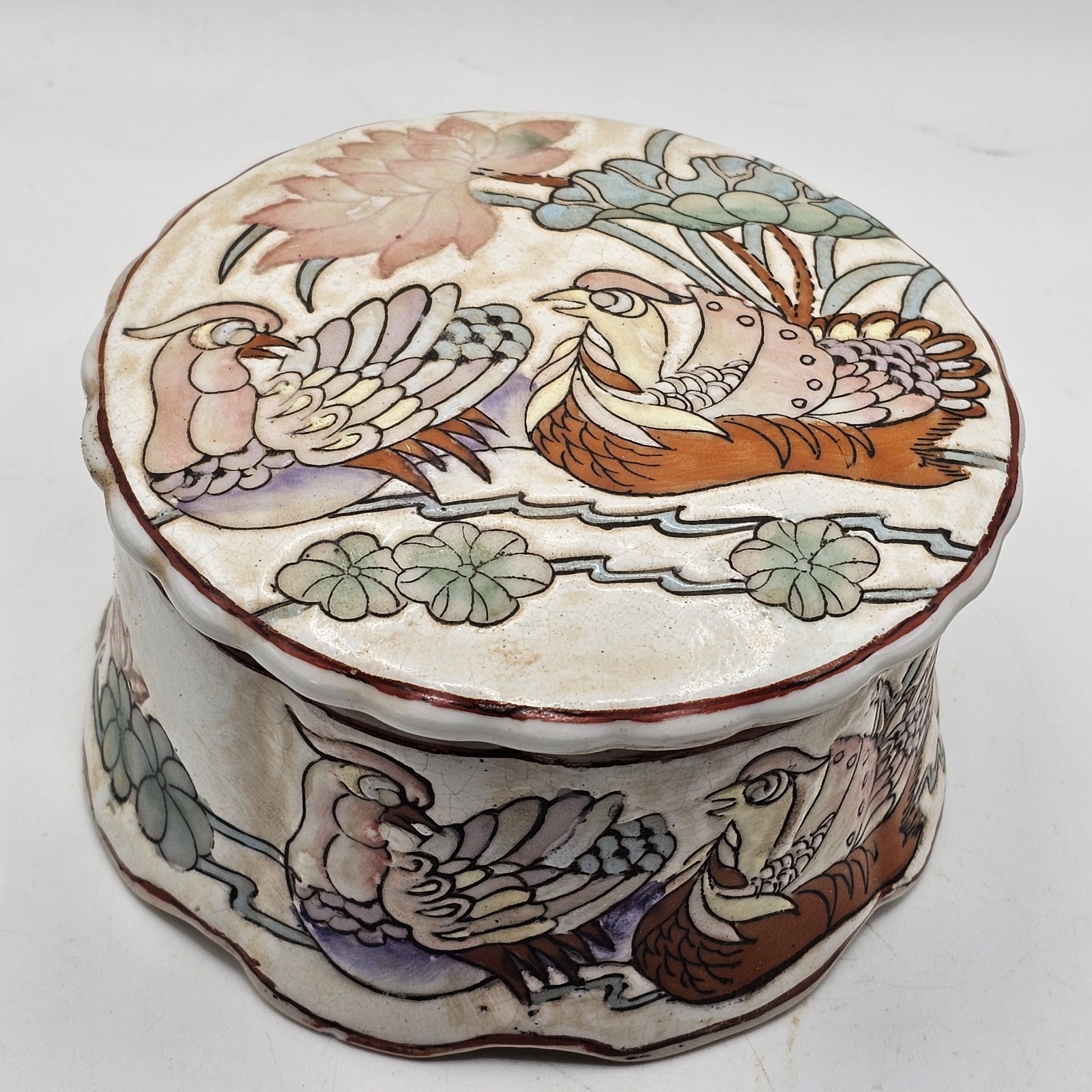 Hand Painted Vintage Chinese Porcelain Round Trinket Box with Embossed Birds and Water Motif