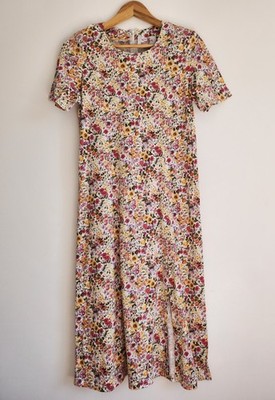 Langes Kleid geblümt Baumwolle Schlitz Rundhals Vintage Solfin Gr. 38 / S-M