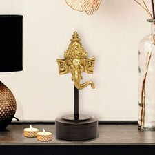 Ottone Incisione Ganesh Testa Con Base IN Legno 5.5 CM X 13 CM
