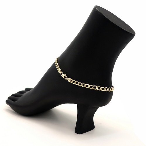 5mm PULSERA DE TOBILLO PLANA ITALIANA CADENA CUBANA 10" CHAPADA EN ORO 14K - Imagen 3 de 4