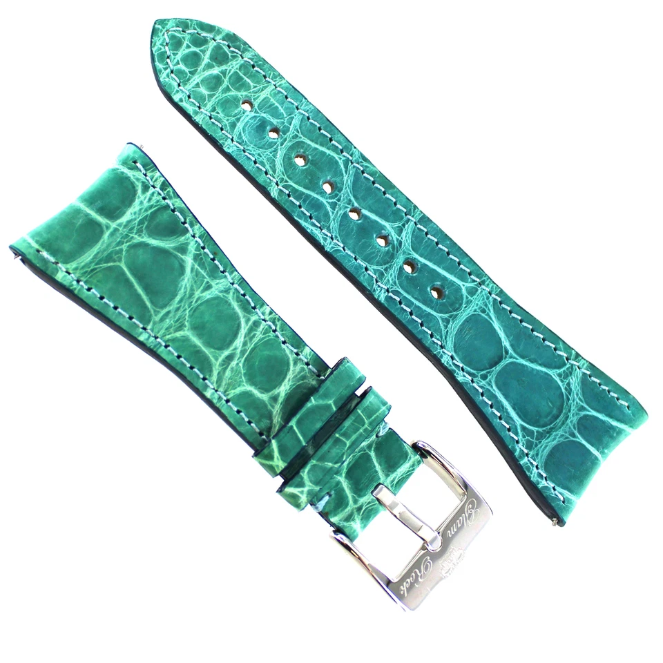 Pulseira de relógio curva jacaré genuína feita à mão Glam Rock de alta qualidade 26 mm azul-petróleo - Imagem 4 de 4