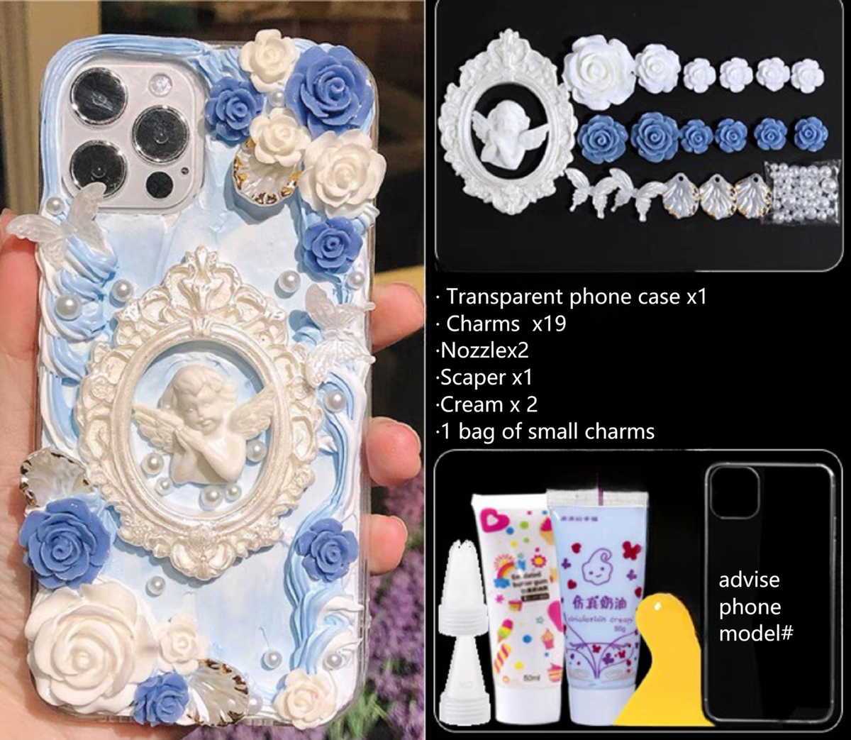 Phone Case DIY Kit Ornate Frame Angel Flowers Daisies Bows Pearls