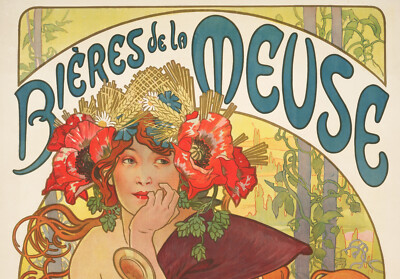 Original Art Nouveau Poster, A. Mucha, Biere de la Meuse, Belle