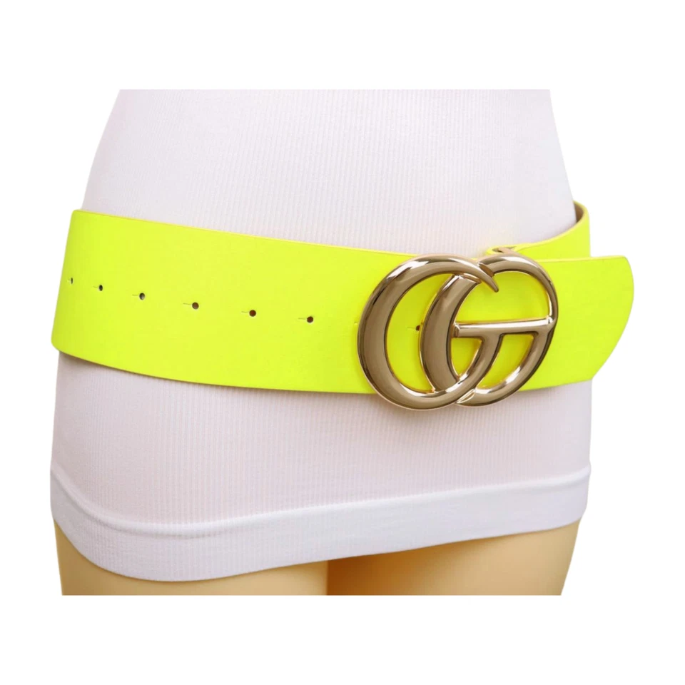 Mujeres Brillante Amarillo Neón Ancho Imitación Cuero Cinturón Dorado Metal Círculo Hebilla Ajuste S M Foto 4 de 4