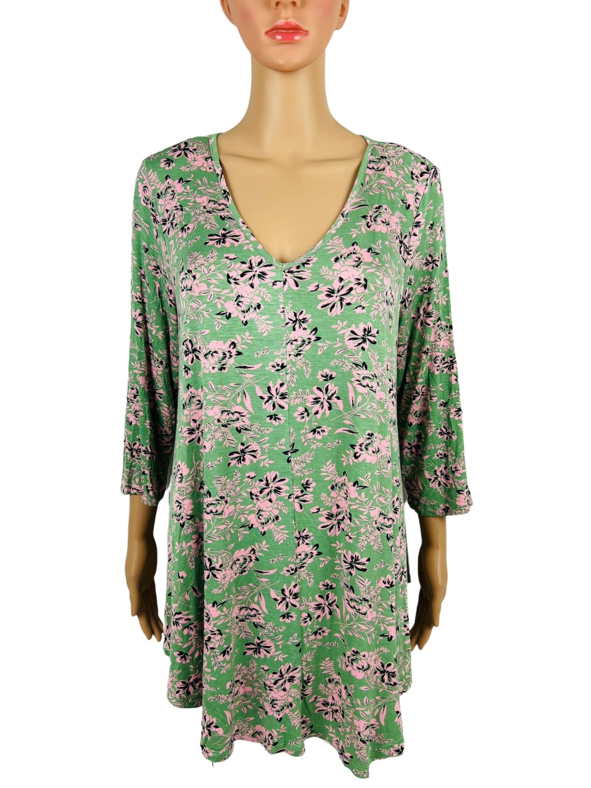 Joan Vass Womens Top Green Floral Pink 3/4 Sleeve Rayon Stretch Flare NWT $48