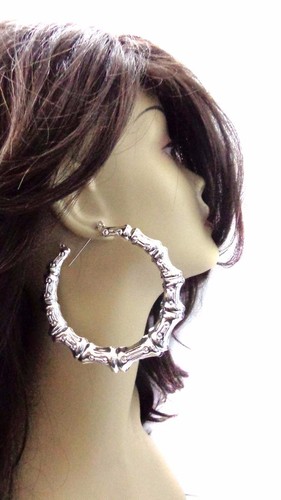 SILVER BAMBOO HOOP EARRINGS RHODIUM PLATED SILVER TONE 3.5 INCH HOOP EARRINGS - Picture 3 of 5