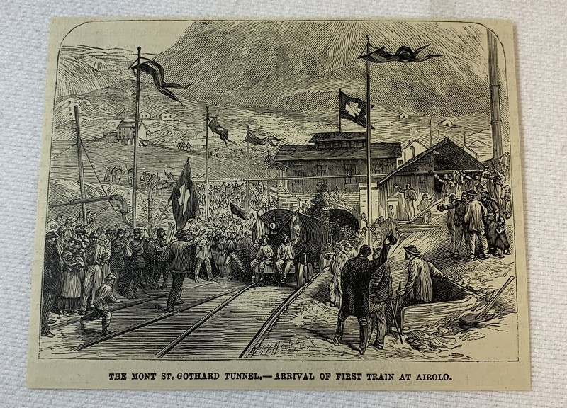 1880 magazine engraving~ FIRST TRAIN AT AIROLO St Gothard Tunnel, Switzerland