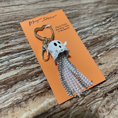 テテ Betsey Johnson Gold White Crystal Ghost Beaded Tassel Key Fob Bag