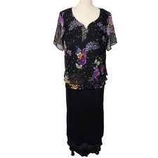 MSK Maxi Dress Chiffon Overlay Black Floral Womens Plus 18W Flowy Keyhole Button