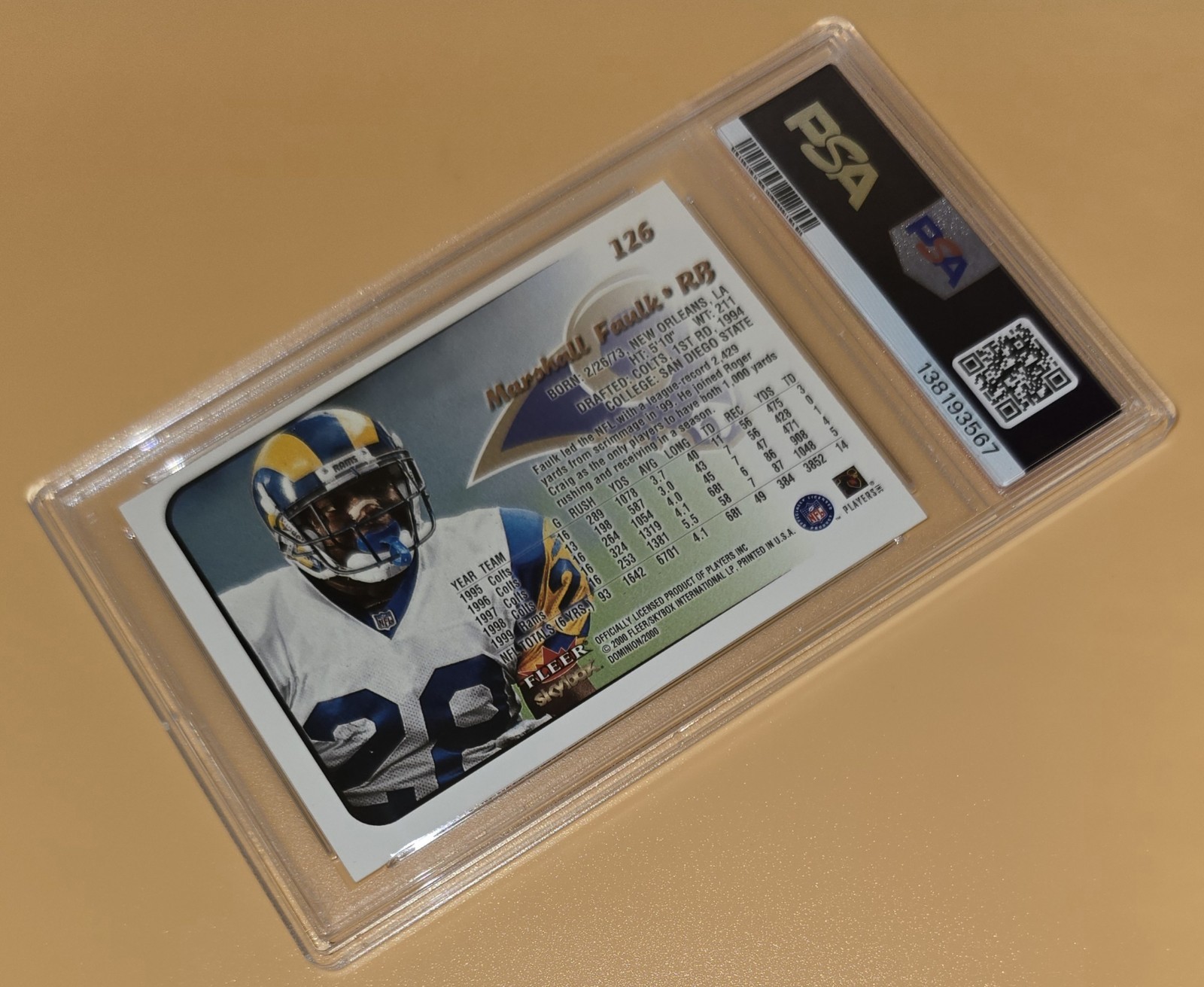Marshall Faulk PSA 10 Low Pop 2000 Skybox Dominion #126 St. Louis Rams NFL Card view 15