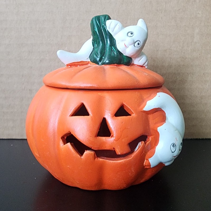 Ceramic Halloween Jack-O'-Lantern & Sculpted Ghosts Lidded Candle Holder 