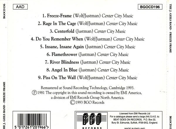 The J. Geils Band Freeze Frame (Classic Rock Music Audio CD)