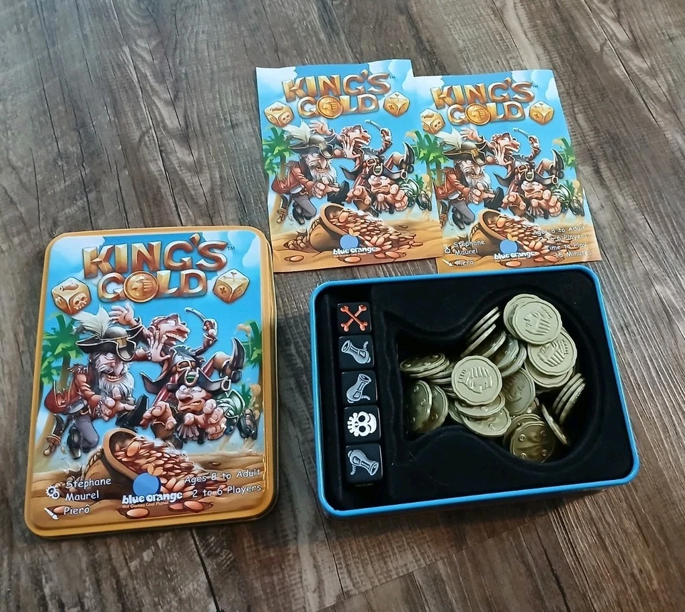King's Gold Dice Game Tin 5 Pirate Dice Blue Orange 100% Complete CIB 2-6 Player - Image 2 of 3