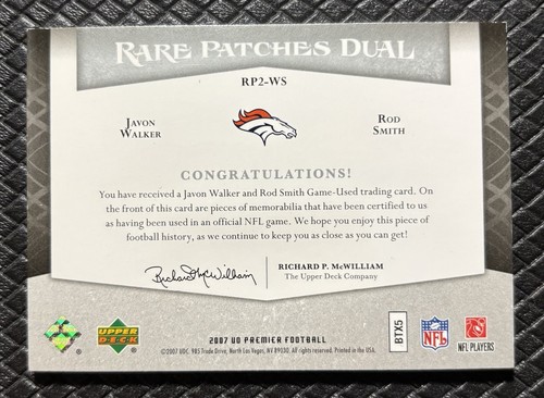 ROD SMITH JAVON WALKER 2007 UD Premier Rare Patches Dual Game Worn Patch /50 SSP - Picture 2 of 2