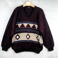 Vintage Pull Homme L Bordeaux Motif Géométrique Aztec Col V Maille Enfiler