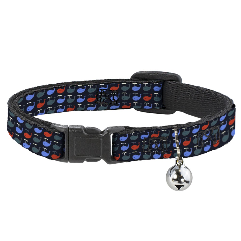 Cat Collar Breakaway with Bell Whales Navy/Green/Blue/Red NARROW Fits 8.5-12