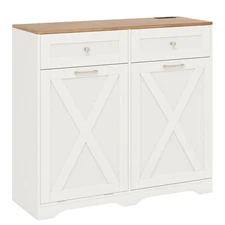 Tilt Out Trash Can Cabinet with Outlets 2 Drawers Adjustable Shelf Anti-Tipping