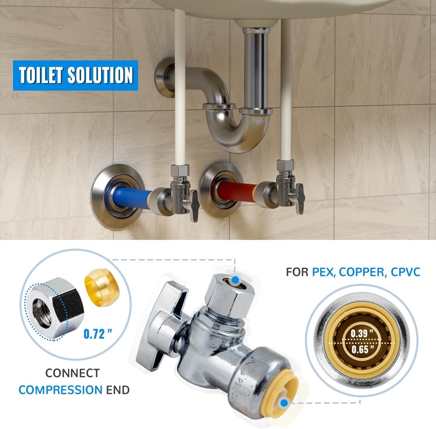 Lead Free Brass Faucet Shutoff - 10-Pack Angle Stop Valve