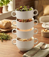 Set of 4 White Ceramic Soup Bowls Double Handles 14 oz Microwave Dishwasher