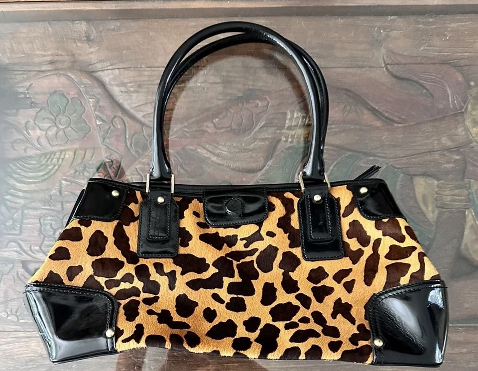 TALBOTS CALF HAIR LEOPARD PRINT BLACK PATENT LEATHER SATCHEL SHOULDER BAG BROWN - Image 2 of 4