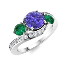 925 Sterling Silver 5MM Round Tanzanite  Emerald Three Stone Engagement Ring