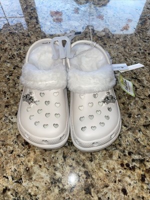 First Steps Girls Size 1 White Furry Lined Croc Clogs with Charms NEW