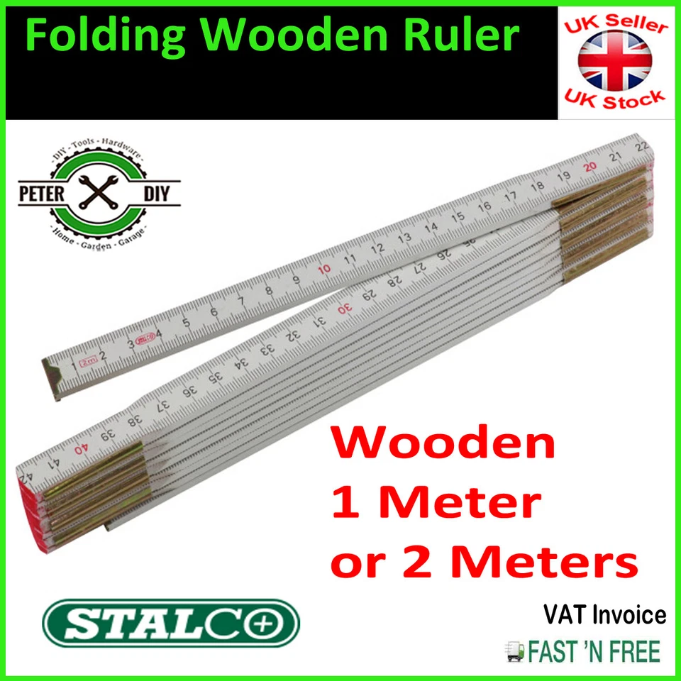RULER FOLDING WOODEN 1 or2 Meters Measuring Metal Tips and Joints CARPENTER WOOD