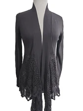 Anthropologie Sweet Sinammon Gray Open Front Crochet Sweater Junior Large L