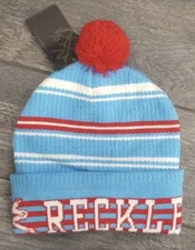 YOUNG & RECKLESS KNITTED POM POM BEANIE SKULLY HAT IN BLUE MULTI