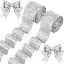 2 Roll 2 Inch x 20 Yards Ribbons Silver Glitter Thick Metallic Wired Wrapping