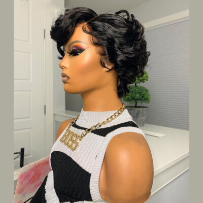 Short Pixie Curly Wig With Bangs Real Remy Human Hair Wig Lace Front Wig  Black
