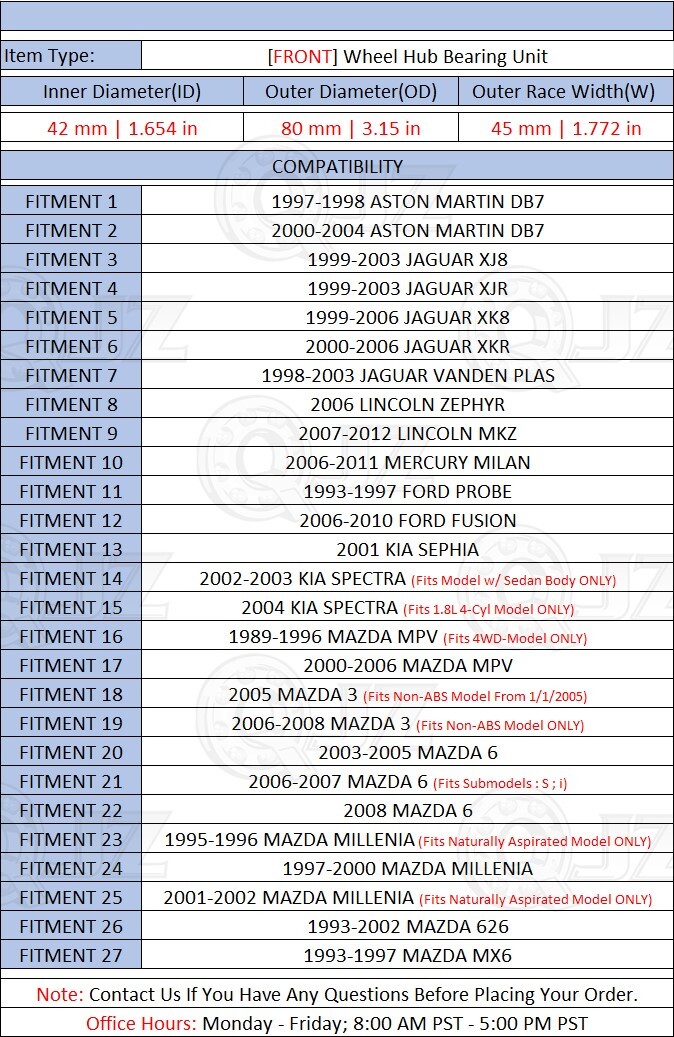 [FRONT(Qty.1)] 510010 Wheel Hub Bearing [80mm OD] For 1993-1997 Ford Probe FWD