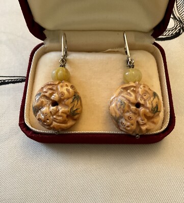 Boucles D'oreilles Anciennes Créateur Jade Argent Massif Sculpté - Pendantes, Dormeuses, Vintage