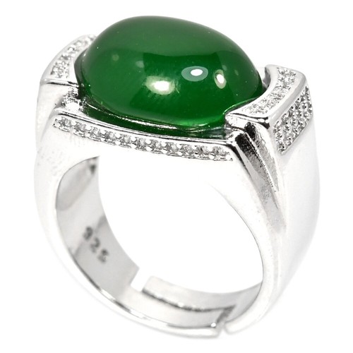 NATURAL AAA GREEN AGATE 15x12 MM. & WHITE CZ STERLING 925 SILVER RING 8-8.5 - Picture 2 of 6