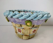 Pottery Textured Basket Weave Design Floral Handmade 4" Tall Signed "Wood" 