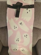 Spooky Night Pink and White Ghost Decorative Knit Throw Blanket