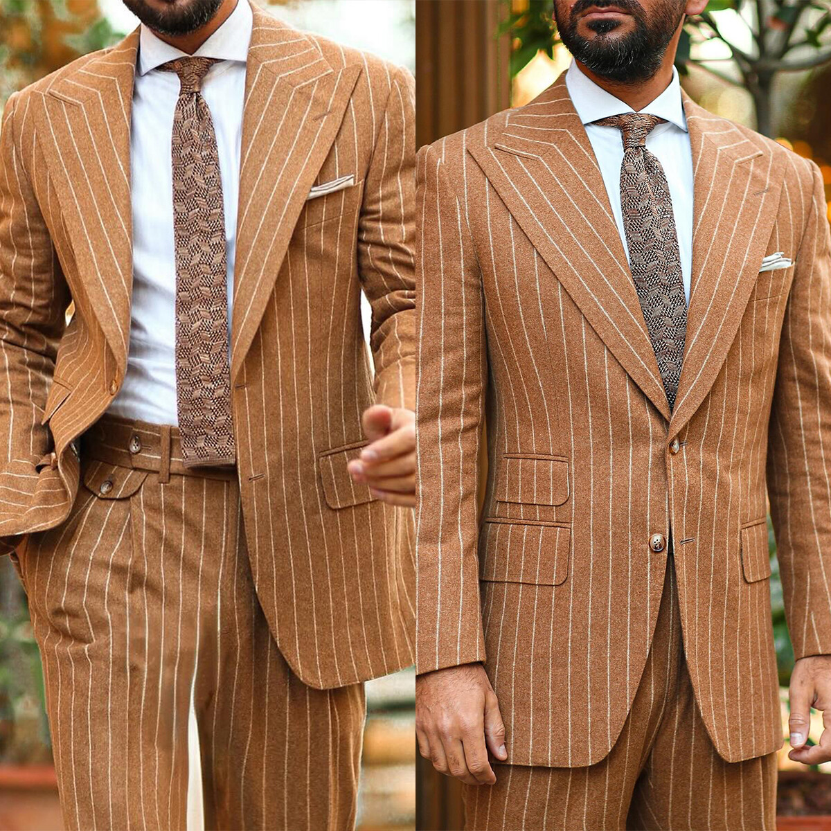 Autumn Striped Woolen Tweed Suits for Men Wide Lapel Jacket