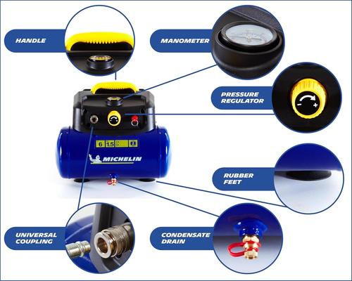 Compressore D'Aria Portatile MBL6, Compressore Aria Oil-Free Da 6 Litri, Manomet - Foto 3 di 11