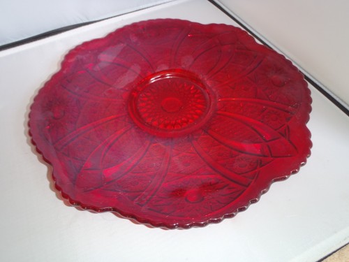 Vassoio piatto da torta rotondo in vetro rosso carnevale Indiana vintage 12" - Foto 3 di 5